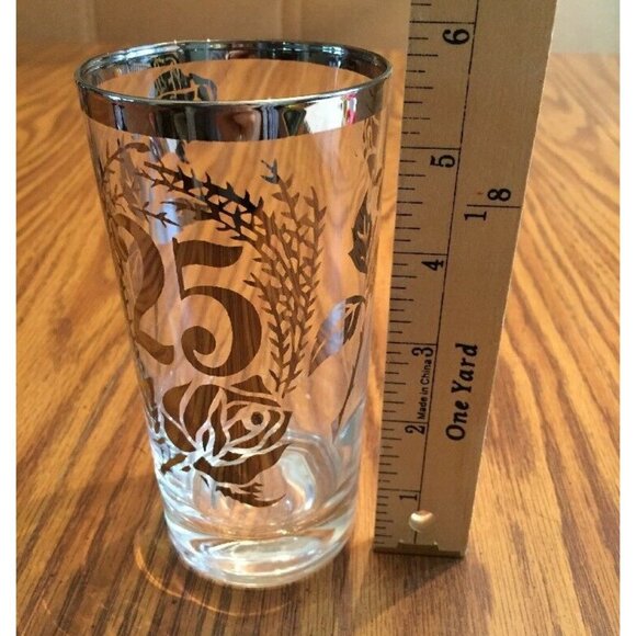 25th Wedding Anniversary Tumbler Drink Glass‎ Silver Rim Frosted Floral Vtg - Picture 7 of 9